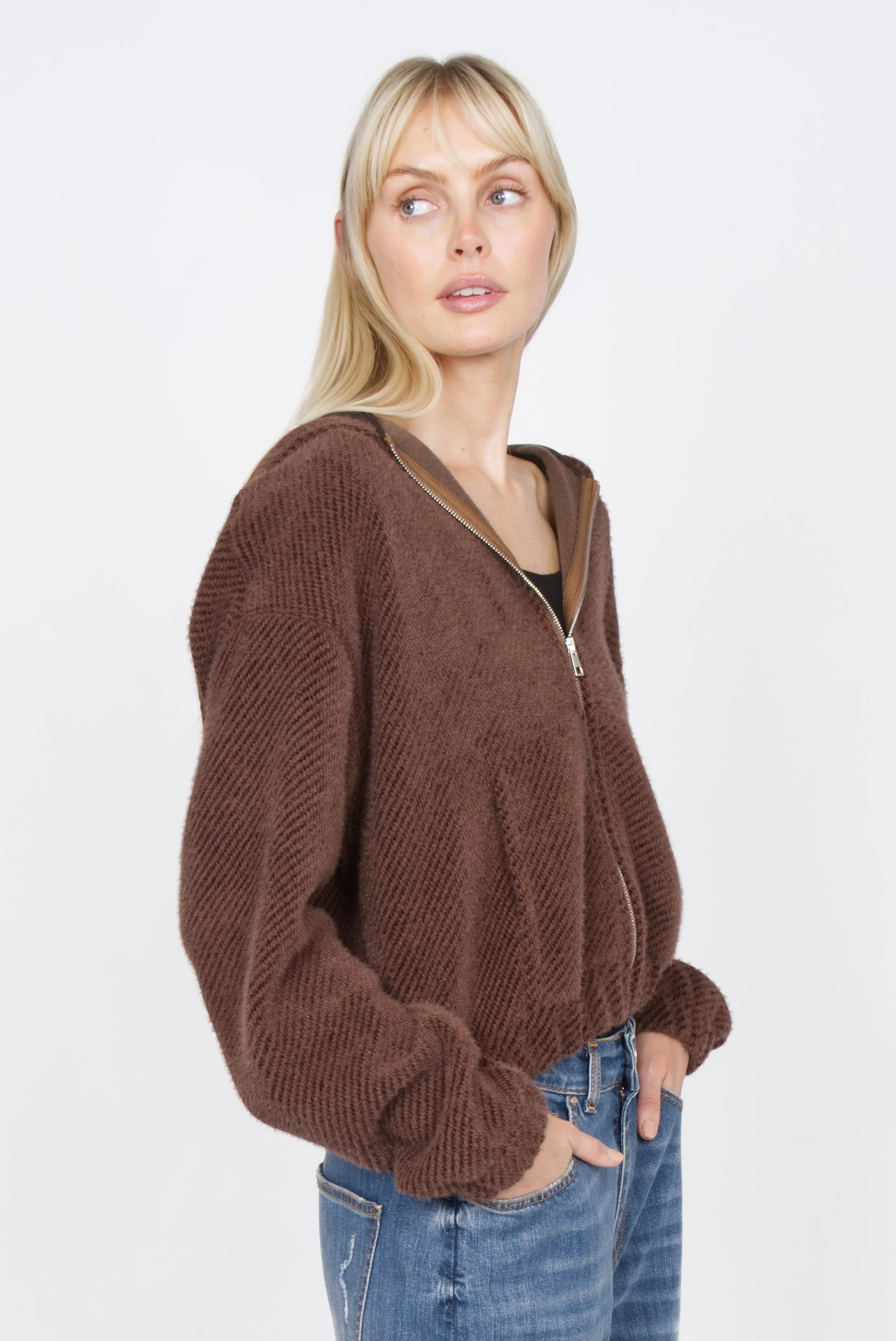 NAEMAI zip hoodie with velvety soft short-haired fur texture