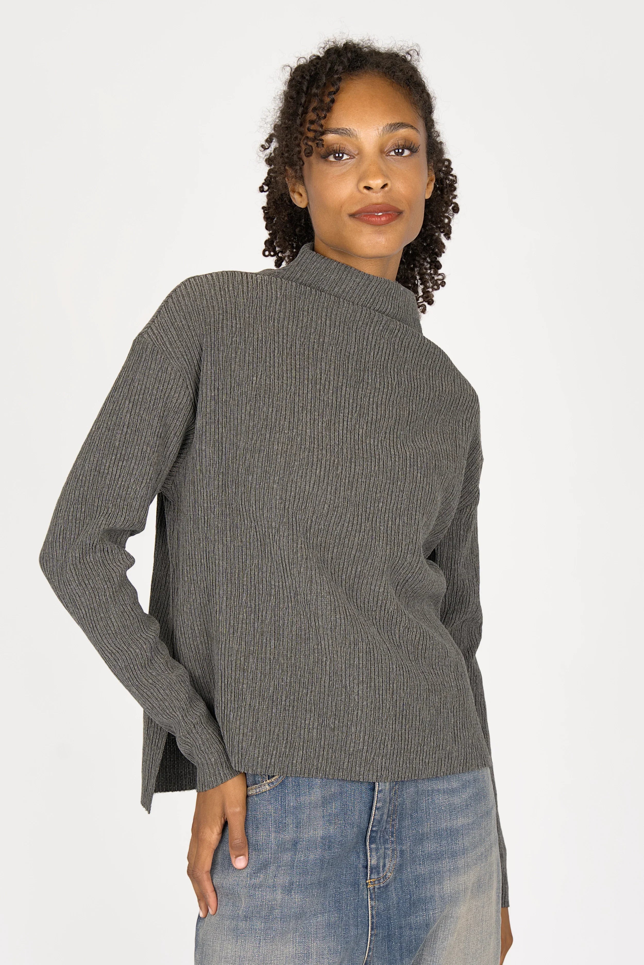 NORELI long sleeve with mock neck in pleated crepe jersey