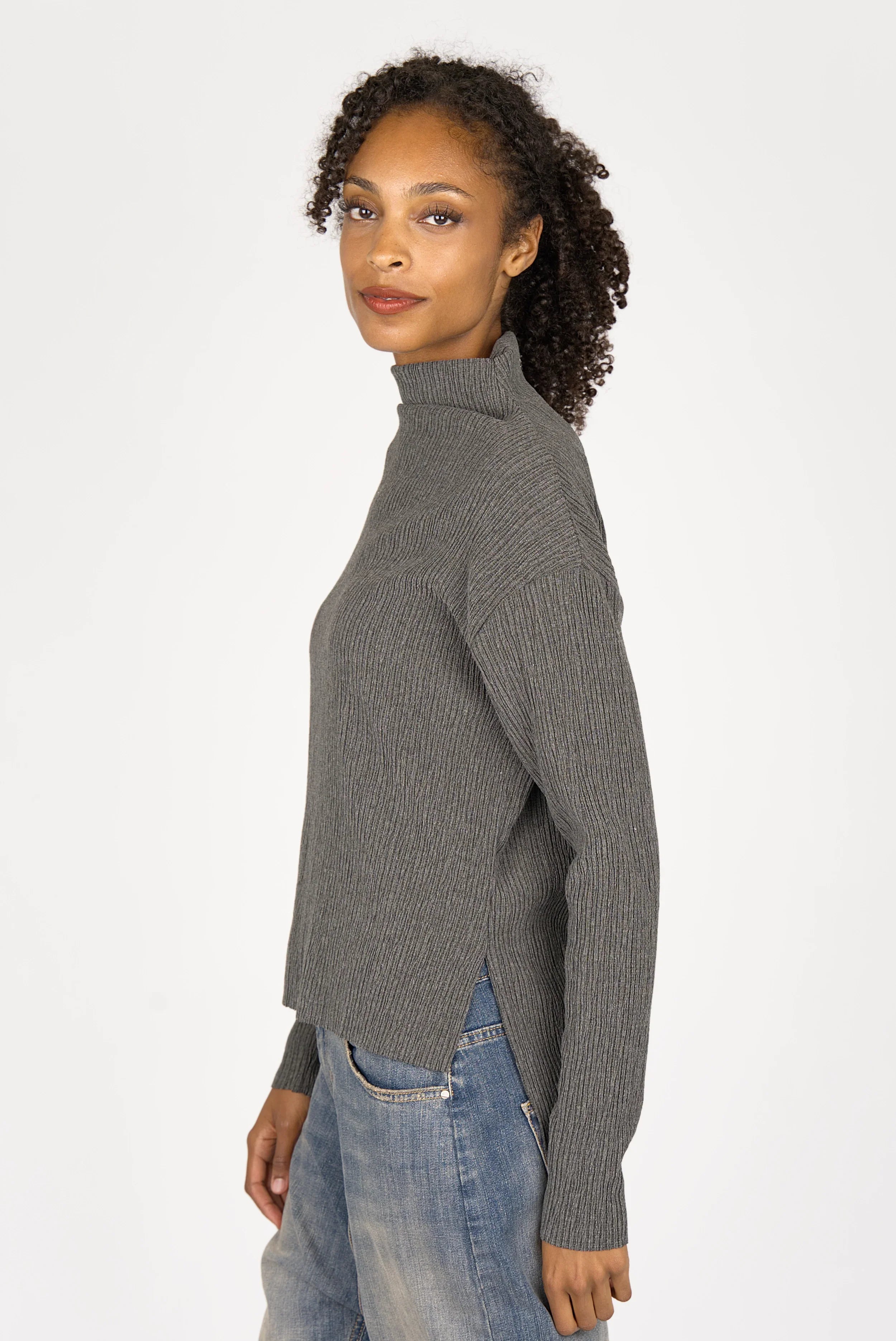 NORELI long sleeve with mock neck in pleated crepe jersey