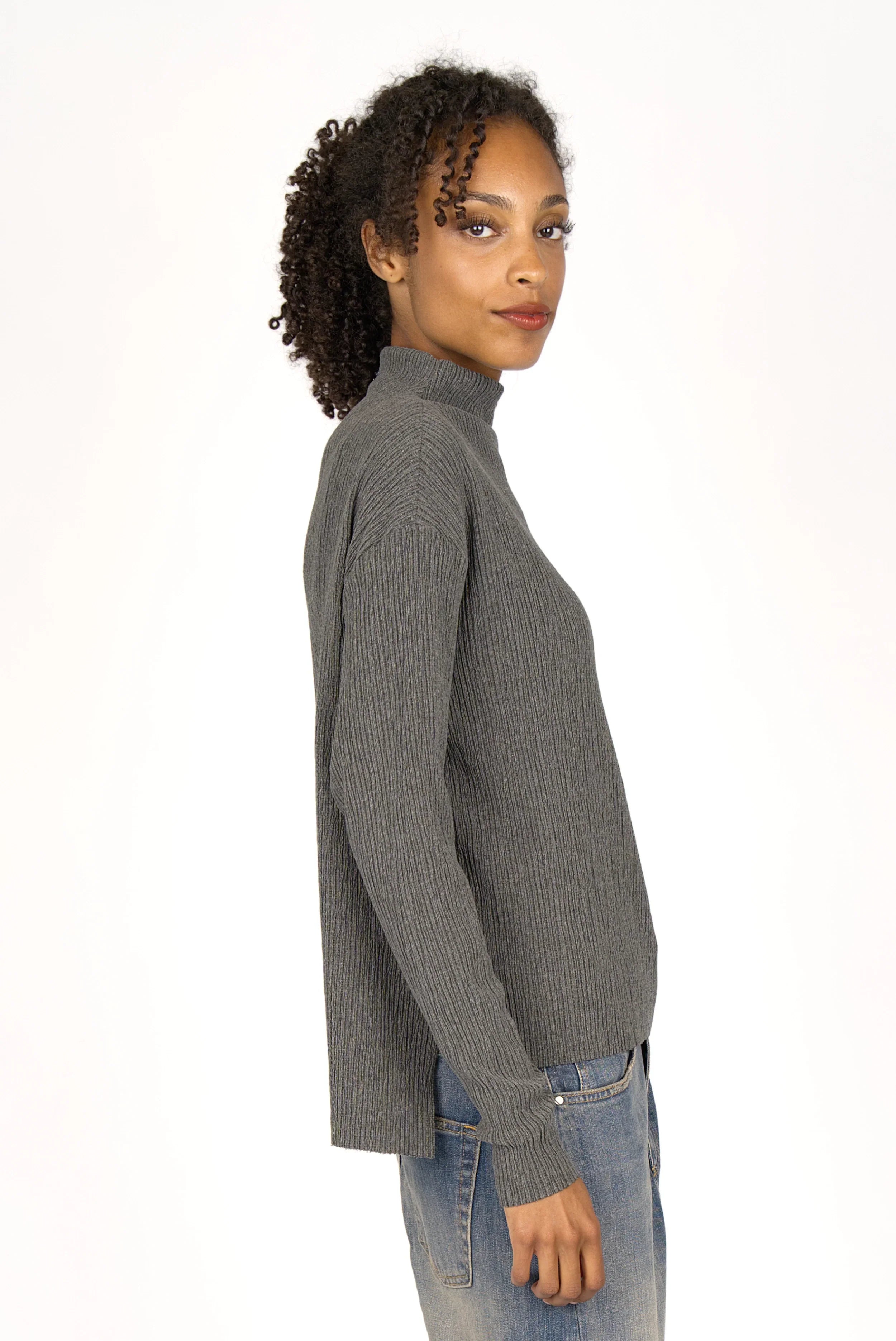 NORELI long sleeve with mock neck in pleated crepe jersey