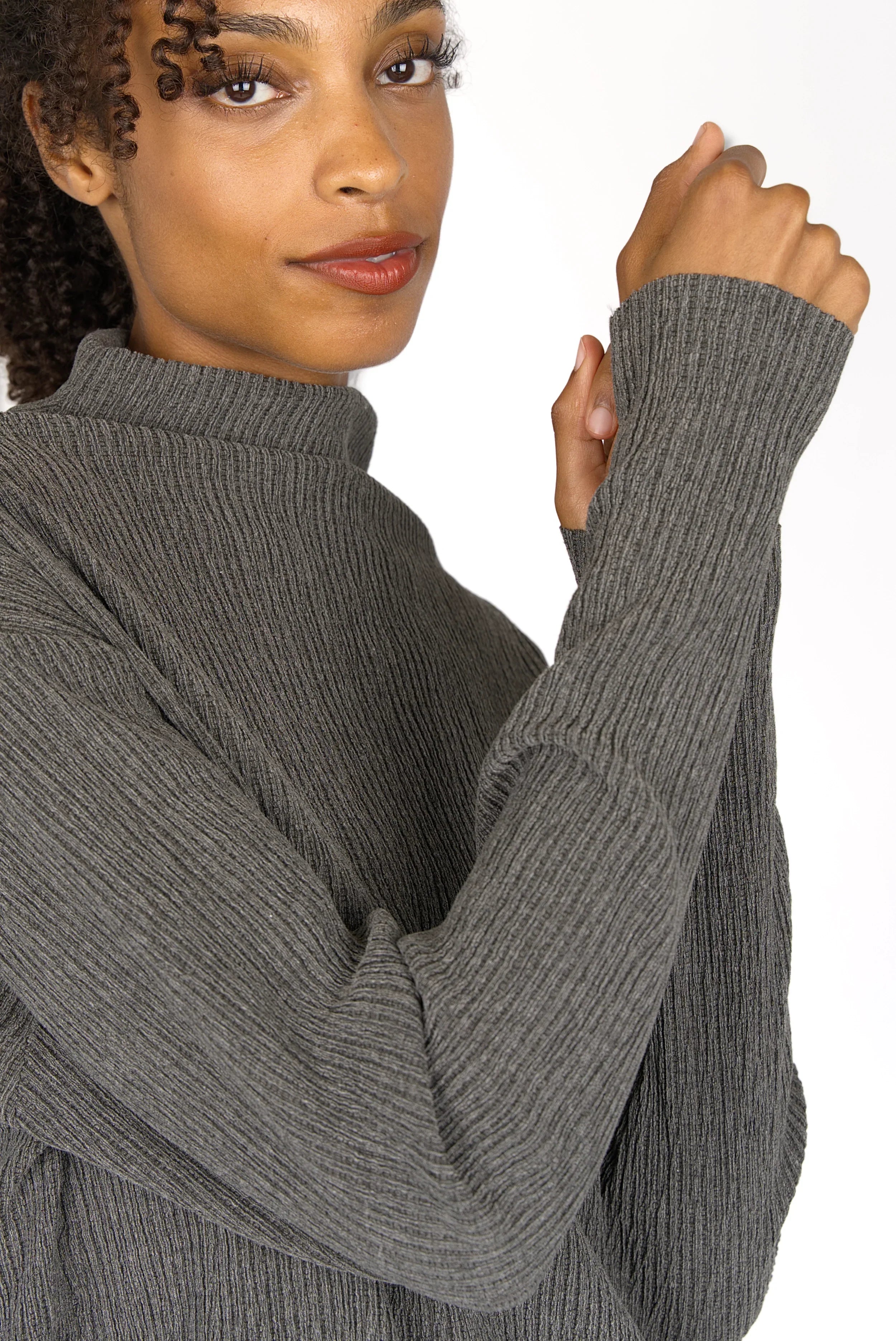 NORELI long sleeve with mock neck in pleated crepe jersey