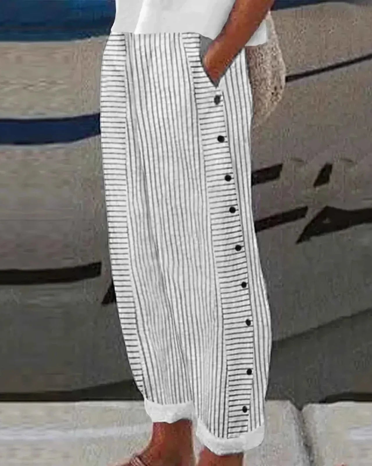 Rachel - Seabreeze Stripe Button Trousers - Nora & Ivy Boutique