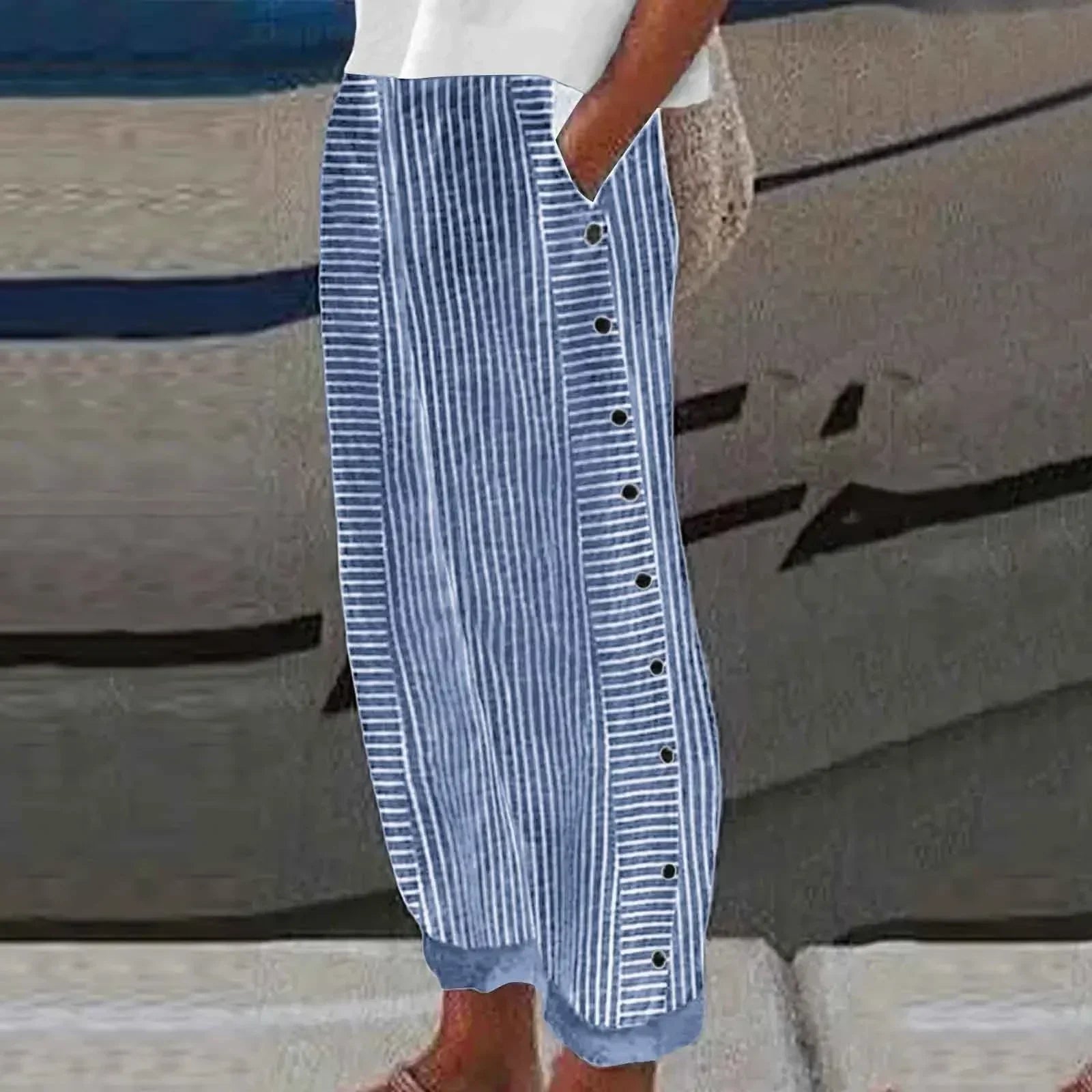Rachel - Seabreeze Stripe Button Trousers - Nora & Ivy Boutique