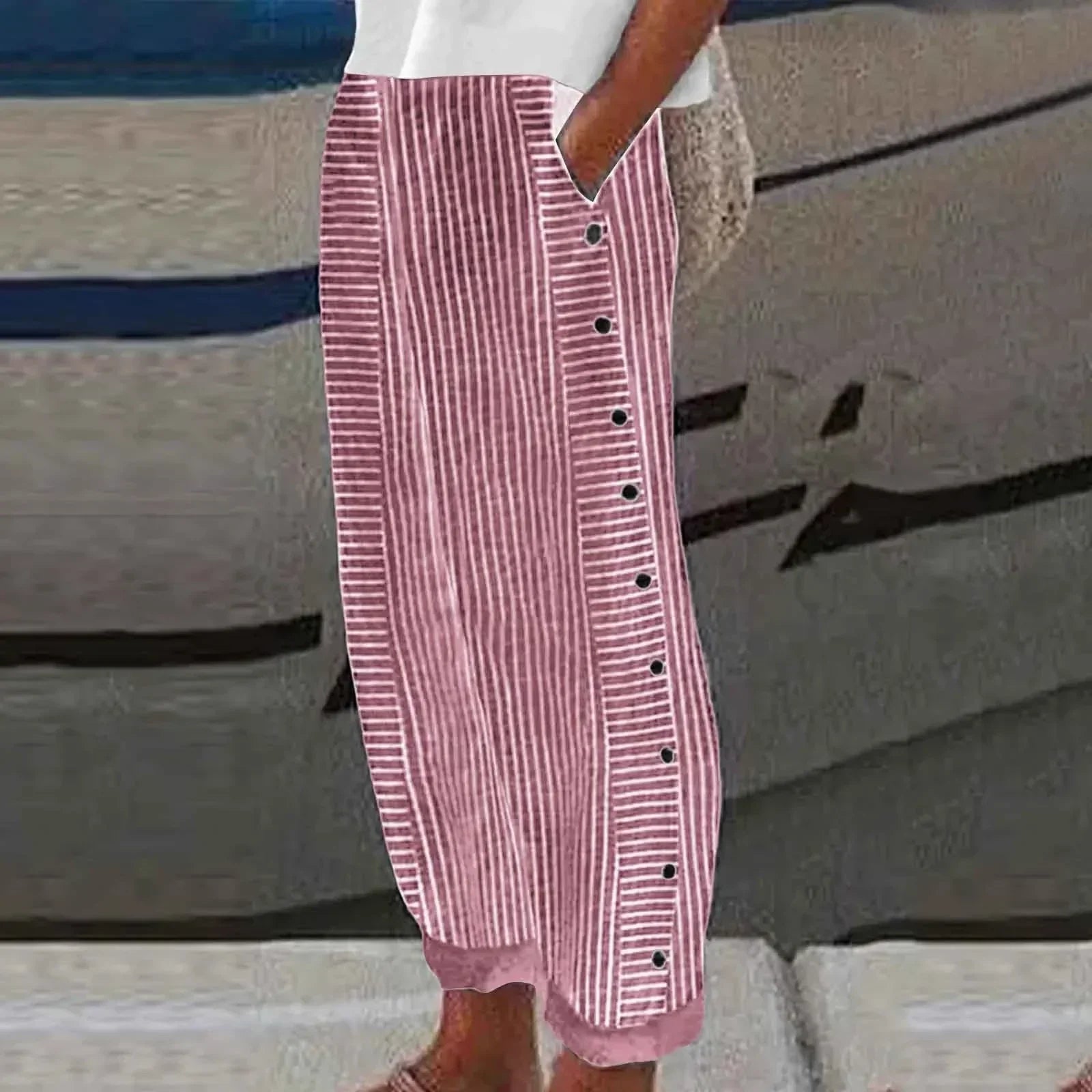 Rachel - Seabreeze Stripe Button Trousers - Nora & Ivy Boutique