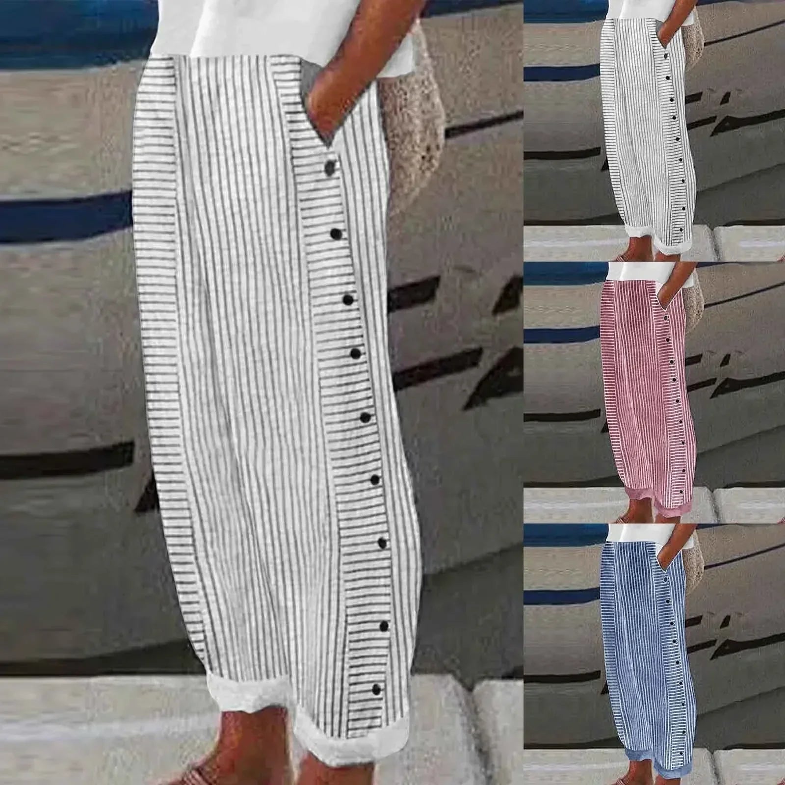 Rachel - Seabreeze Stripe Button Trousers - Nora & Ivy Boutique