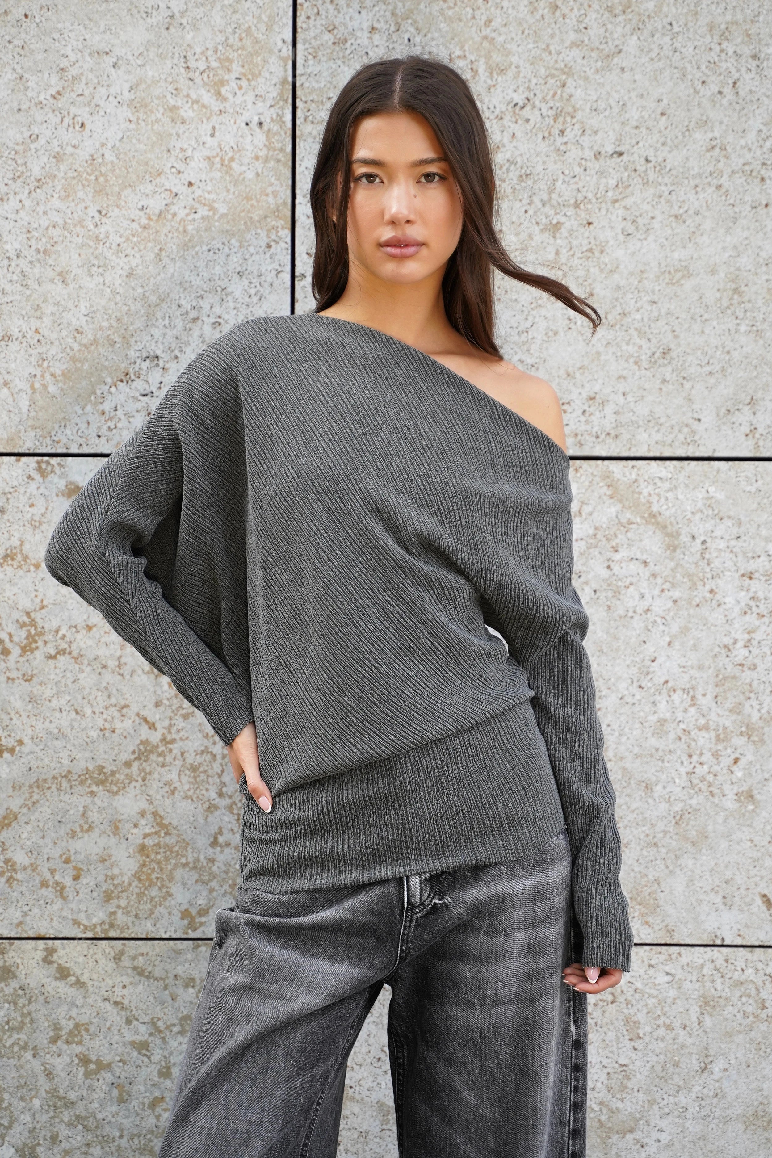 TALIE one-shoulder top in pleated crepe jersey