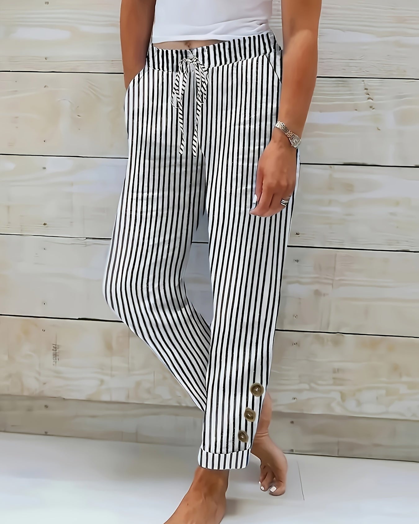 Chloe - Stripe Detail Button Trousers - Nora & Ivy Boutique